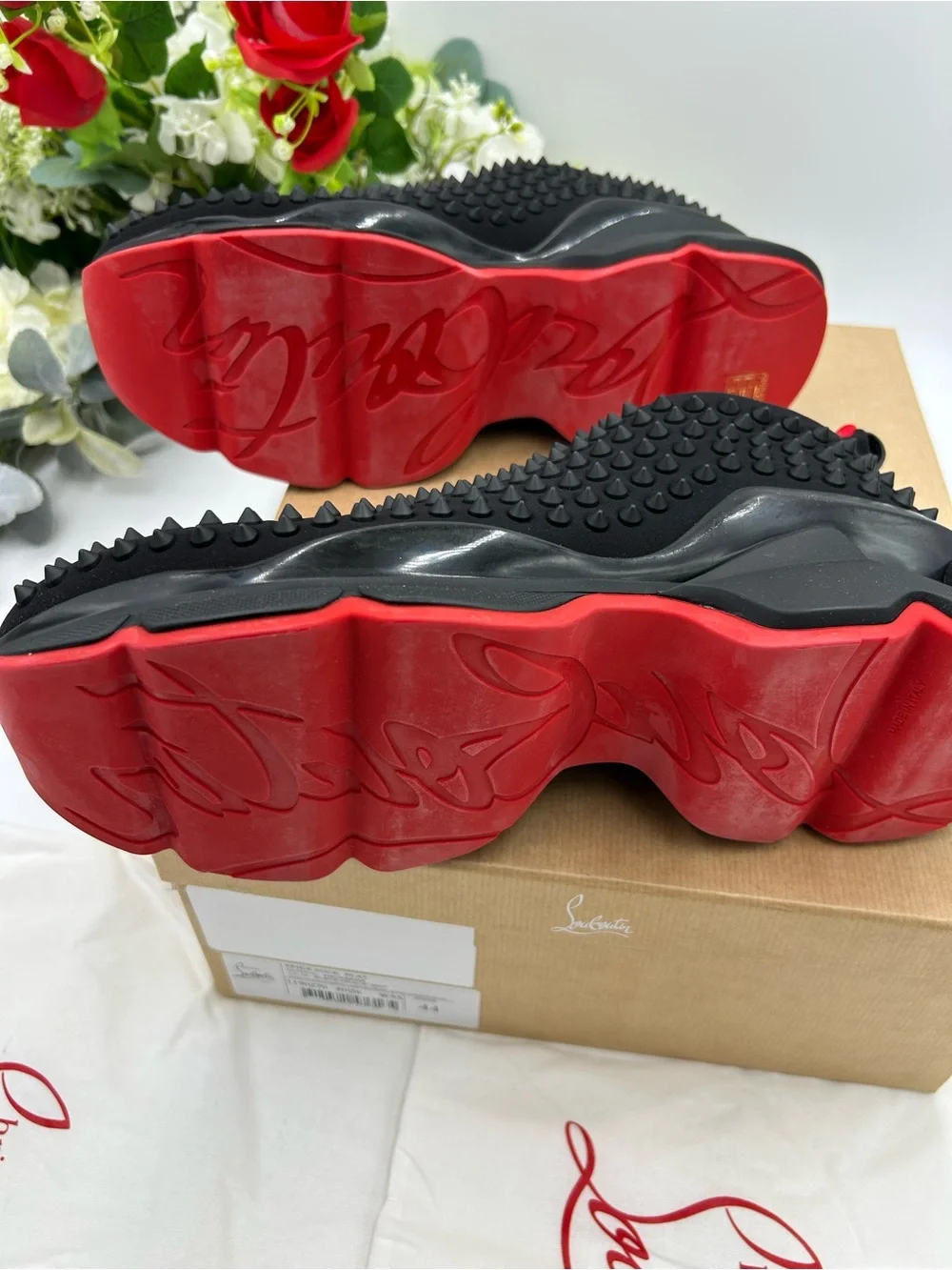 Men's Christian Louboutin black spike sock sneakers size 44 made in Italy